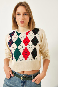 Balıkçı Yaka Desenli Crop Triko Kazak 60351303 - Bej