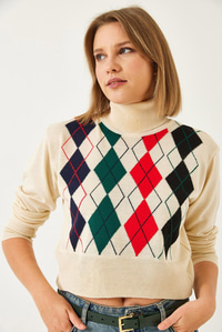 Balıkçı Yaka Desenli Crop Triko Kazak 60351303 - Bej