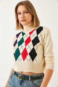 Balıkçı Yaka Desenli Crop Triko Kazak 60351303 - Bej
