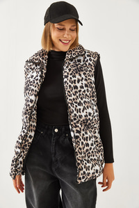 Balıkçı Yaka Leopar Desenli Şişme Yelek 938128 60351234 - Siyah-Camel