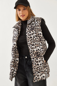 Balıkçı Yaka Leopar Desenli Şişme Yelek 938128 60351234 - Siyah-Camel