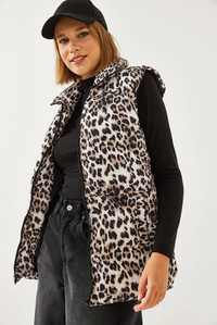 Balıkçı Yaka Leopar Desenli Şişme Yelek 938128 60351234 - Siyah-Camel