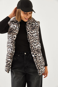 Balıkçı Yaka Leopar Desenli Şişme Yelek 938128 60351234 - Siyah-Camel
