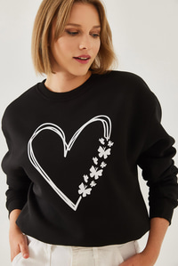 Baskılı Kalp Detaylı Bisiklet Yaka 3 İplik Şardonlu Sweatshirt 60601026 - Siyah