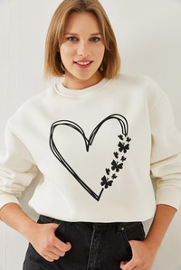 Baskılı Kalp Detaylı Bisiklet Yaka 3 İplik Şardonlu Sweatshirt 60601026 - Ekru
