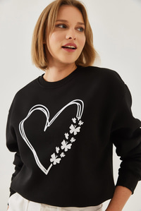 Baskılı Kalp Detaylı Bisiklet Yaka 3 İplik Şardonlu Sweatshirt 60601026 - Siyah