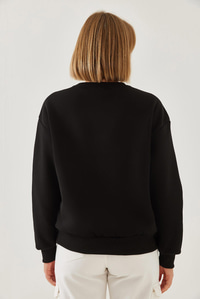 Baskılı Kalp Detaylı Bisiklet Yaka 3 İplik Şardonlu Sweatshirt 60601026 - Siyah