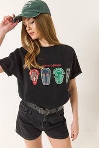 Baskılı Oversize Kısa Kollu Basic T-Shirt 60284034 - Siyah