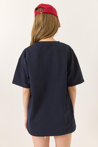 Baskılı Oversize Kısa Kollu Basic T-Shirt 60284034 - Lacivert