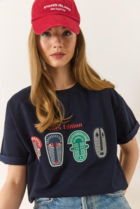 Baskılı Oversize Kısa Kollu Basic T-Shirt 60284034 - Lacivert