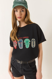 Baskılı Oversize Kısa Kollu Basic T-Shirt 60284034 - Siyah