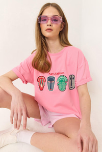 Baskılı Oversize Kısa Kollu Basic T-Shirt 60284034 - Pembe