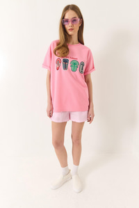 Baskılı Oversize Kısa Kollu Basic T-Shirt 60284034 - Pembe