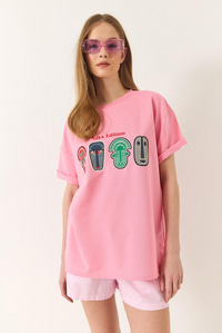 Baskılı Oversize Kısa Kollu Basic T-Shirt 60284034 - Pembe