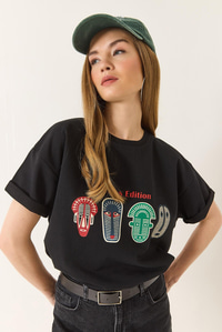 Baskılı Oversize Kısa Kollu Basic T-Shirt 60284034 - Siyah