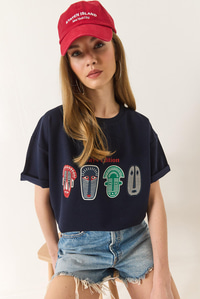 Baskılı Oversize Kısa Kollu Basic T-Shirt 60284034 - Lacivert