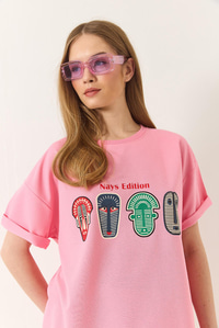 Baskılı Oversize Kısa Kollu Basic T-Shirt 60284034 - Pembe
