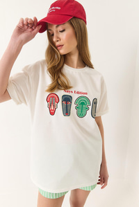 Baskılı Oversize Kısa Kollu Basic T-Shirt 60284034 - Beyaz