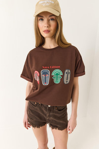 Baskılı Oversize Kısa Kollu Basic T-Shirt 60284034 - Acı Kahve