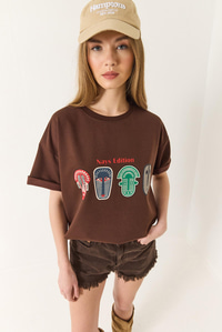 Baskılı Oversize Kısa Kollu Basic T-Shirt 60284034 - Acı Kahve