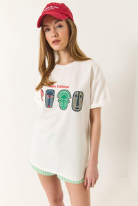 Baskılı Oversize Kısa Kollu Basic T-Shirt 60284034 - Beyaz