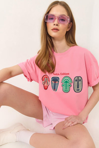 Baskılı Oversize Kısa Kollu Basic T-Shirt 60284034 - Pembe
