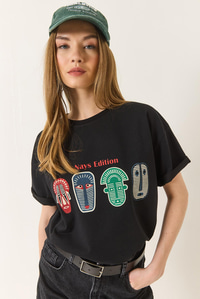 Baskılı Oversize Kısa Kollu Basic T-Shirt 60284034 - Siyah
