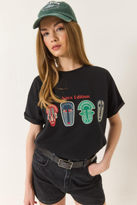 Baskılı Oversize Kısa Kollu Basic T-Shirt 60284034 - Siyah