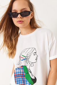 Baskılı Oversize Kısa Kollu Penye T-Shirt 3072 60283080 - Beyaz