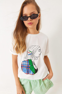 Baskılı Oversize Kısa Kollu Penye T-Shirt 3072 60283080 - Beyaz