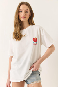 Baskılı Pamuklu Oversize Örme T-Shirt 60284039 - Ekru