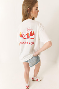 Baskılı Pamuklu Oversize Örme T-Shirt 60284039 - Ekru