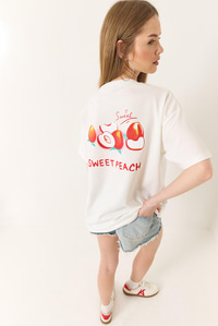 Baskılı Pamuklu Oversize Örme T-Shirt 60284039 - Ekru