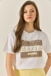 Baskılı Taş Detaylı Normal Kalıp Pamuklu T-Shirt 8136 60283302 - Beyaz