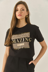 Baskılı Taş Detaylı Normal Kalıp Pamuklu T-Shirt 8136 60283302 - Siyah