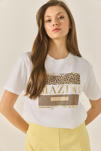 Baskılı Taş Detaylı Normal Kalıp Pamuklu T-Shirt 8136 60283302 - Beyaz