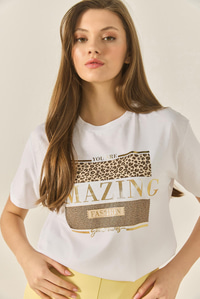 Baskılı Taş Detaylı Normal Kalıp Pamuklu T-Shirt 8136 60283302 - Beyaz