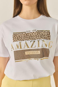 Baskılı Taş Detaylı Normal Kalıp Pamuklu T-Shirt 8136 60283302 - Beyaz