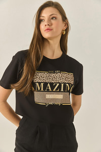 Baskılı Taş Detaylı Normal Kalıp Pamuklu T-Shirt 8136 60283302 - Siyah