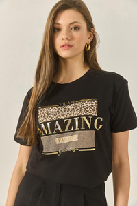 Baskılı Taş Detaylı Normal Kalıp Pamuklu T-Shirt 8136 60283302 - Siyah