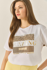Baskılı Taş Detaylı Normal Kalıp Pamuklu T-Shirt 8136 60283302 - Beyaz