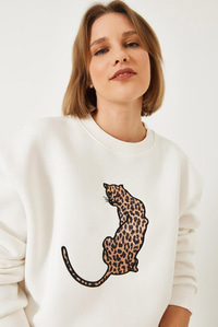 Baskılı Üç İplik Şardonlu Oversize Sweatshirt 60261318 - Beyaz