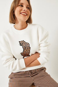 Baskılı Üç İplik Şardonlu Oversize Sweatshirt 60261318 - Beyaz