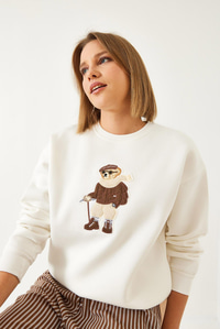 Baskılı Üç İplik Şardonlu Sweatshirt 60351295 - Beyaz