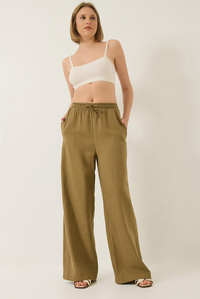 Beli Lastikli Bağlama Detaylı Cepli Keten Geniş Jogger Pantolon 3235 60281035 - Çağla Yeşili