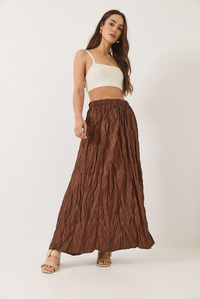 Beli Lastikli Crush Efektli Uzun Etek 60283112 - Acı Kahve