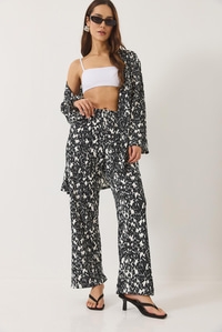 Beli Lastikli Desenli Bürümcük Kimono Alt-Üst Takım 0245 60284031 - Siyah-Beyaz