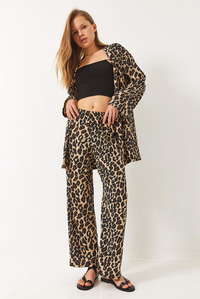 Beli Lastikli Leopar Desenli Bürümcük Kimono Alt-Üst Takım 0245 60284023 - Bej-Siyah