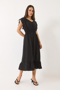 Beli Lastikli V Yaka Kolu Bağlama Detaylı Elbise 3096 60284015 - Siyah