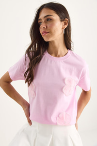 Bianco Lucci Bisiklet Yaka Çiçek Aksesuarlı Kısa Kollu T-Shirt 60602060 - Şeker Pembe